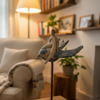 Niña sobre pájaro azul